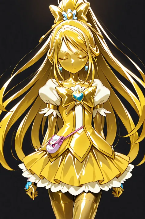 Cure Aqua, masterpiece, Highest Quality, Newest, very high resolution, closed eyes, gold髪, yellow sclera, closed mouth, no student , Yellow skin, shiny skin, gold属の肌, Black eyebrows, Drooping eyebrows, 1girl, solo, cowboy shot from above, standing, dyn...