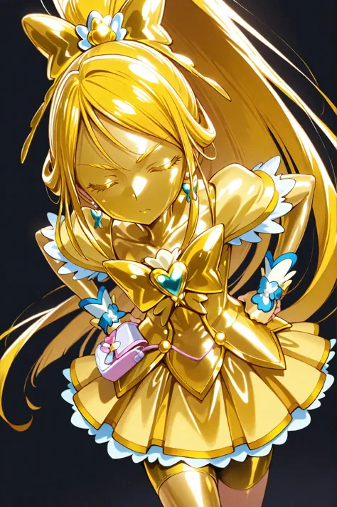 Cure Aqua, masterpiece, Highest Quality, Newest, very high resolution, closed eyes, gold髪, yellow sclera, closed mouth, no student , Yellow skin, shiny skin, gold属の肌, Black eyebrows, Drooping eyebrows, 1girl, solo, cowboy shot, standing, dynamic, watch...