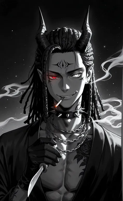  (masterpiece:1.3, 8k:1.3, Highest quality:1.3, Detail:1.3, High resolution:1.3, digital painting, ultra detailed, view), (anime style, dark fantasy, male focus, the emphasis on the face, detailed illustration, tattoos, intricate details, mysterious atmosp...