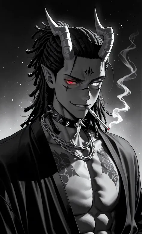  (masterpiece:1.3, 8k:1.3, Highest quality:1.3, Detail:1.3, High resolution:1.3, digital painting, ultra detailed, view), (anime style, dark fantasy, male focus, the emphasis on the face, detailed illustration, tattoos, intricate details, mysterious atmosp...