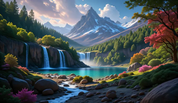 Create a hyper-realistic, cinematic vision of a completely new planet, a lush, vibrant world overflowing with water and greenery. Main Scene Elements: Towering waterfalls cascading from floating cliffs and mountain peaks into crystal-clear rivers. Dense, v...