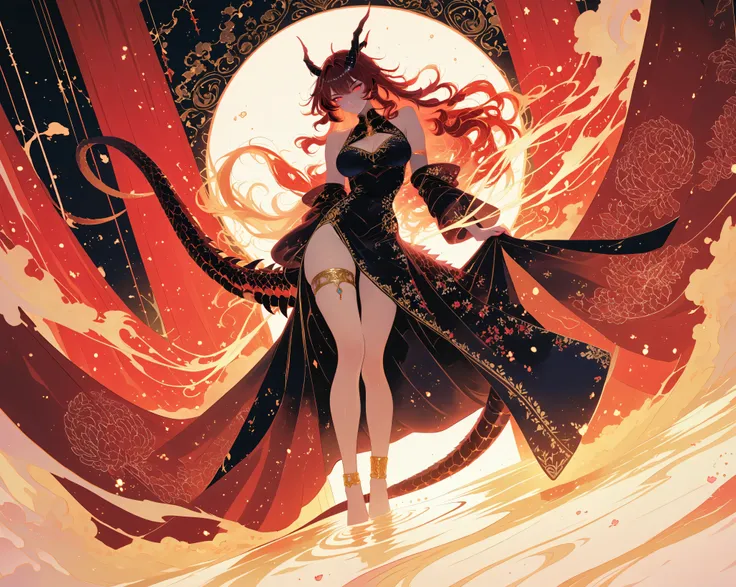 masterpiece, best quality, very aesthetically pleasing, high contrast, newest, sfw, 1 divinely beautiful dragon woman, Full body view, Dragonkin princess, stunning and graceful, long flowing crimson hair with black tips, glowing molten gold eyes with slit ...