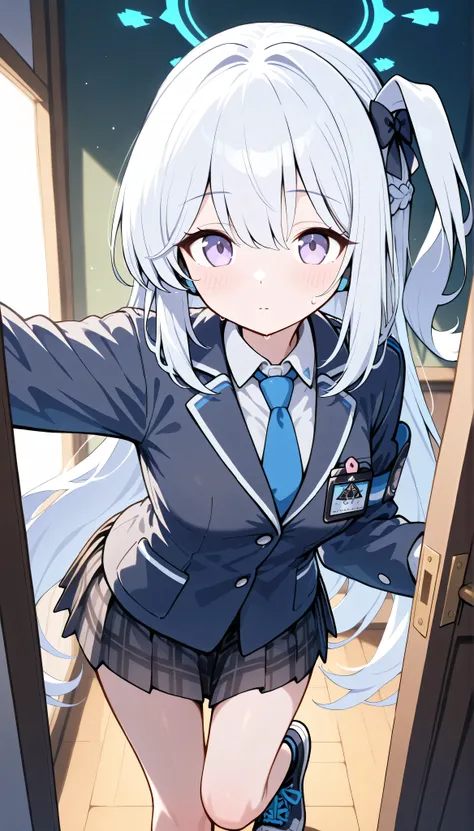 miyako (blue archive),purple eyes, white hair,long hair,one side up,halo,medium breasts,　solo, I can see my eyebrows from the inside of my hair, hair between eyes,　 masterpiece, Best Quality, very aesthetic,  school uniform,black blazer,pleated skirt,plaid...