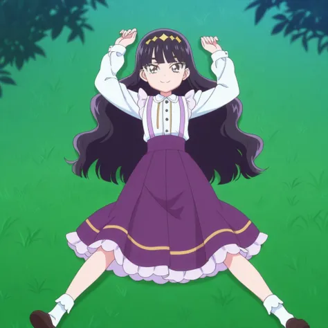 Amane, dark violet hair, long_hair, wavy hair blue_eyes, hair_ornaments, small_breasts, blunt bangs, anime screencap, white shirt, purple skirt, suspenders, high quality, solo, lying, on back, arms up, legs apart, closed mouth, grass, full body, medium sh...