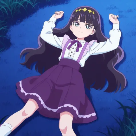 Amane, dark violet hair, long_hair, wavy hair blue_eyes, hair_ornaments, small_breasts, blunt bangs, anime screencap, white shirt, purple skirt, suspenders, high quality, solo, lying, on back, arms up, legs apart, closed mouth, grass, full body, medium sh...