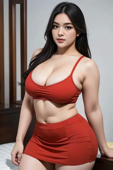 1girl, solo, sensual woman, clear lighting, (Indonesian_high_school), semi-curvy body, Classroom, pose on bed, detailed face, detailed eyes, in the middle, unparalleled beauty, looking at the camera , thick breasts, detailed skin, Sixpack abs, looking at t...