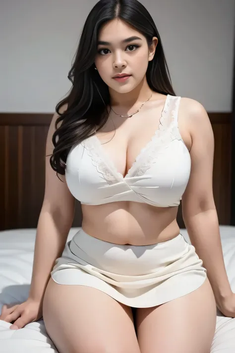 1girl, solo, sensual woman, clear lighting, (Indonesian_high_school), semi-curvy body, Classroom, pose on bed, sitting on bed, detailed face, detailed eyes, in the middle, unparalleled beauty, looking at the camera , thick breasts, detailed skin, Sixpack a...