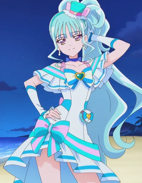 Cure Lillian, light blue hair, very_long_ponytail, wavy hair, purple_eyes, multicolored eyes, small_breasts, earrings, mini hat, hair_ornaments, bangs, light blue precure costumes, anime screencap, high quality, solo, night sky, beach, hand behind head, ha...
