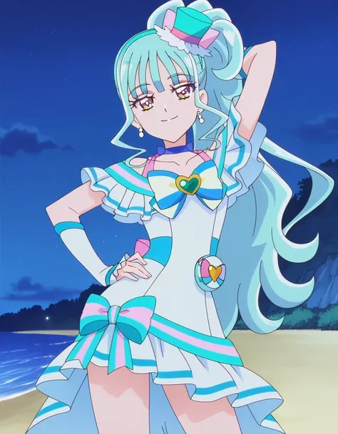 Cure Lillian, light blue hair, very_long_ponytail, wavy hair, purple_eyes, multicolored eyes, small_breasts, earrings, mini hat, hair_ornaments, bangs, light blue precure costumes, anime screencap, high quality, solo, night sky, beach, hand behind head, ha...