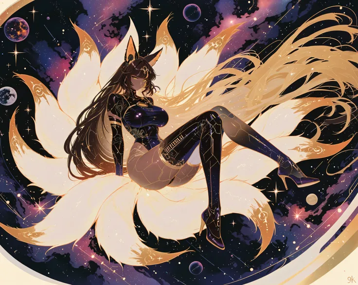 ,8k,hd,gradient translucent colors themed  background: dark stage, space, nebula,,1girl, dark brown skinned fox woman, 9 tails, white black and gold, nude, big breasts,focus on her high heels,,android,multicolored hair,very long hair, very sexy, she is lay...