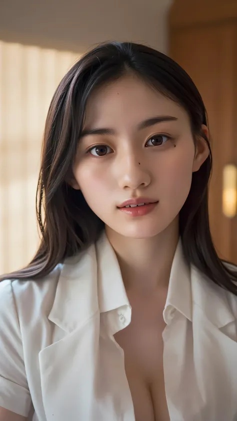 beautiful Japanese female nurse、Sexy white uniform、Nursing clothes with open chest、White Lace Underwear、rich body line、long black hair、Hospital Bedside、Luscious Expressions、looking at the camera、sensual pose、perfect skin texture、Soft lips、Long Lashes、encha...