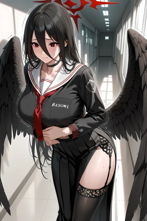 hasumi, black hair, hair between eyes, long hair, mole, mole on breast, mole under eye, red eyes, wings, black wings, low wings, feathered wings,,black choker, black serafuku, black skirt, black thighhighs, garter straps, long sleeves, pleated skirt, schoo...