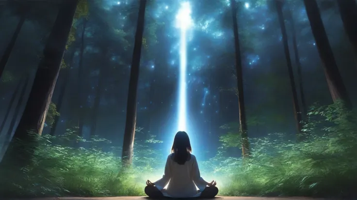 Night Forest、Fantastic glowing air、young woman meditating