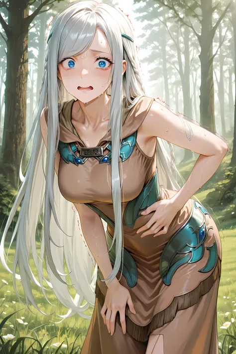 maiden with eyes of blue, brown dress, cowboy shot,
Solo, masterpiece, highres, ultra-detailed, hyper-detailed, best quality, amazing quality, very aesthetic, best hands, best eyes, best hand
adult woman, 1woman, hand on own stomach, sweat, slightly le...