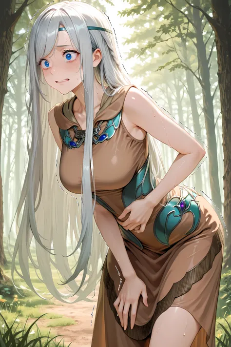 maiden with eyes of blue, brown dress, cowboy shot,
Solo, masterpiece, highres, ultra-detailed, hyper-detailed, best quality, amazing quality, very aesthetic, best hands, best eyes, best hand
adult woman, 1woman, hand on own stomach, sweat, slightly le...