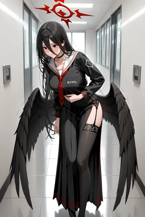 hasumi, black hair, hair between eyes, long hair, mole, mole on breast, mole under eye, red eyes, wings, black wings, low wings, feathered wings,,black choker, black serafuku, black skirt, long skirt, black thighhighs, garter straps, long sleeves, pleated ...
