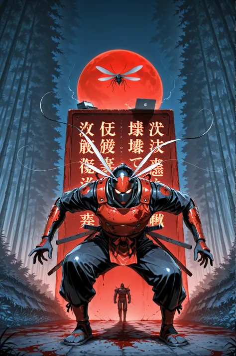 laptop background, 8k, high quality, like a cinema movie cover, mosquito theme, blood, ninja woman fighting mosquito monster, robot ninja, wilderness, wild nature, exterminating mosquitoes, action-packed, night, red moonlight