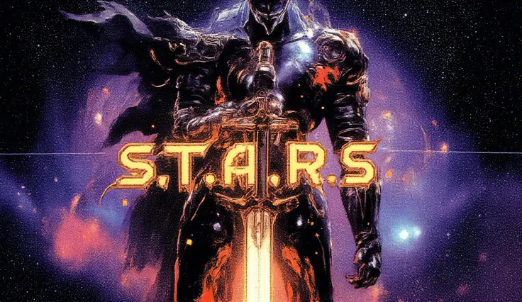 A space knigth with his sword AND the name of the band "S.T.A.R.S" like a album cover