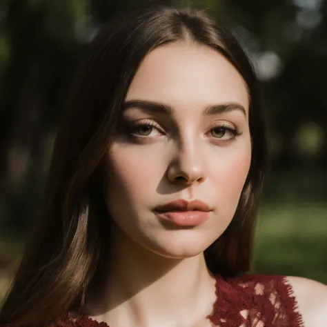 hyper realistic portrait of a woman outdoors, close-up, soft natural daylight, cinematic depth of field, subtle background blur with greenery, delicate play of sunlight on skin and hair, wearing elegant burgundy lace details, confident and sensual pose, li...