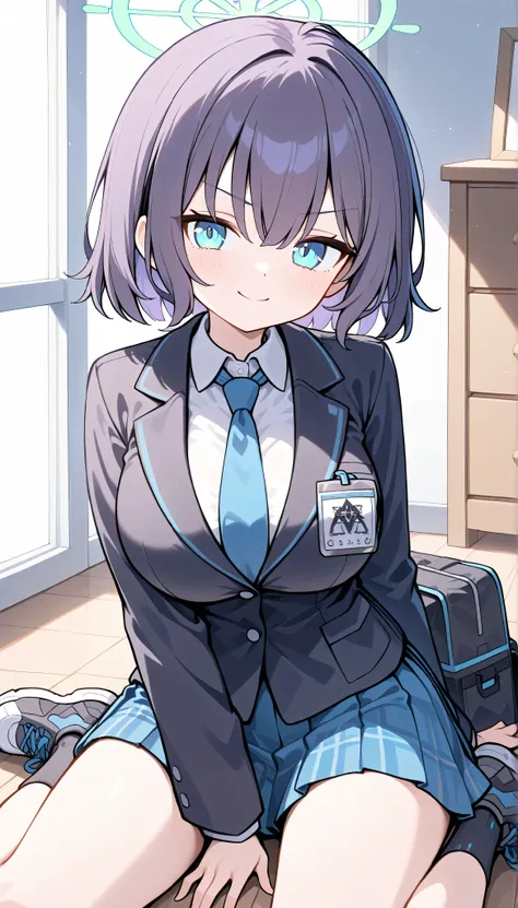 saki (blue archive),blue eyes,purple hair,short hair,halo,large breasts,　solo, I can see my eyebrows from the inside of my hair, hair between eyes,　 masterpiece, Best Quality, very aesthetic,  school uniform,black blazer,pleated skirt,plaid skirt,necktie,s...