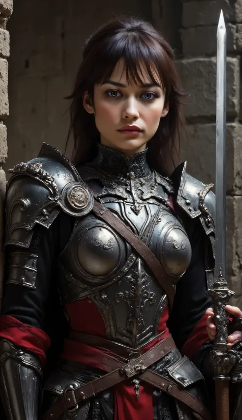 Olga Kurylenko as Cassandra Pentaghast, Dragon age, fierce warrior, realistic dark fantasy art style, wearing polished steel armor with crimson accents and layered leather straps, too short hair frames a stern face with battle scars, intense gaze filled wi...