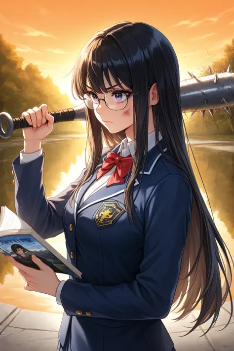 weapon over shoulder, holding weapon,High Quality, masterpiece, super definition, black hair straight long hair, high school girl who dislikes H, uniform, Glasses, reading with a reference book in one hand, carrying a metal bat on the shoulder with the oth...