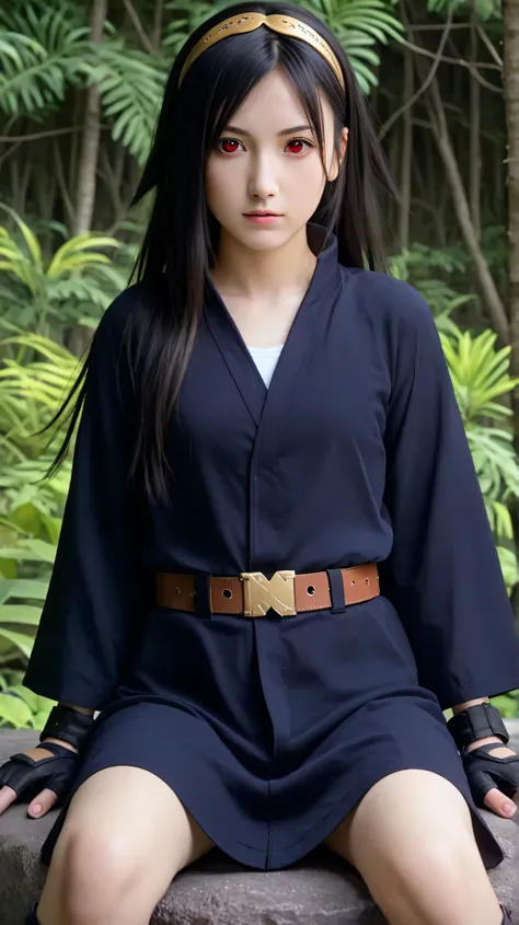 Masterpiece, best quality, 8k, ultra high resolution, photorealistic, cinematic composition.1girl, solo,hikari uchiha,black hair,(long hair:1.4),outdoors,potrait,small breast,black eyes,,red eyes,pine forest,(sitting on stone:1.5),(front view), looking at ...