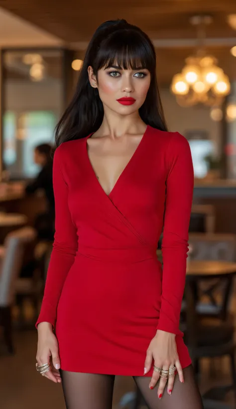 woman, black ponytail, bright makeup, red mini dress, black pantyhose, standing, in the cafe, rings