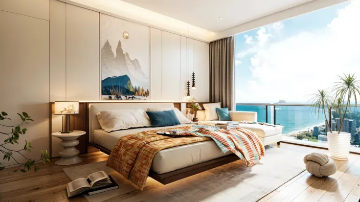 Ultra realistic bedroom interior, photorealistic, ultra-detailed, 8k, high definition, natural daylight, realistic textures, sharp focus, realistic materials, clear glass, vibrant view of ocean and sky, warm natural light, cinematic depth, professional arc...
