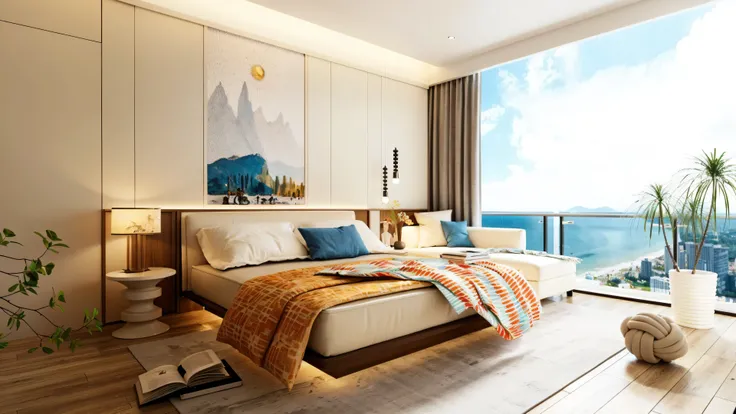 Ultra realistic bedroom interior, photorealistic, ultra-detailed, 8k, high definition, natural daylight, realistic textures, sharp focus, realistic materials, clear glass, vibrant view of ocean and sky, warm natural light, cinematic depth, professional arc...