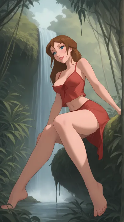masterpiece, best quality, JaneXL, loincloth, midriff, navel, red tank top, skirt, Full view, (Disney Jane Porter, fully naked, beauty ,  brown hair , blue eyes, fair skin, (barefoot), detailed background, rainforest, waterfall, lagoon, sitting totally nak...