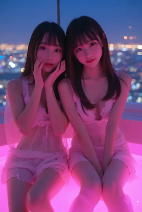 Two very cute Japanese girls, ,,There are different styles and different hairstyles,Highly Realistic, HD ,Best Quality,【16K quality,fine detail, 18 years old , blink, Shy Red Face ,with silk lace pajamas of different colors,Transparent coat,S...