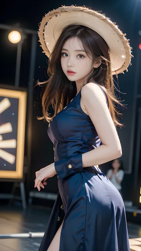 1 girl, 19 years old, ((city in Vietnam)), dark brown hair, purple eyes, hair ornament, ((cowboy photo)), ((Elegant young woman dancing contemporary style on stage, LED screen behind shows a blurred moving crowd, she walks forward with slow heavy steps, ar...