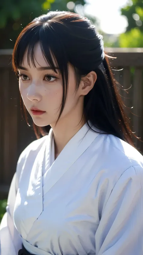A hyper-realistic and ultra-detailed half-body portrait of Utahime Iori from Jujutsu Kaisen, elegant and composed, with long dark brown hair tied neatly, wearing her traditional jujutsu sorcerer uniform with layered kimono and haori, subtle makeup highligh...