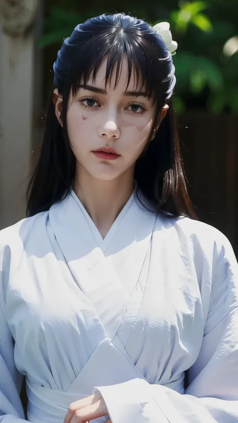 A hyper-realistic and ultra-detailed half-body portrait of Utahime Iori from Jujutsu Kaisen, elegant and composed, with long dark brown hair tied neatly, wearing her traditional jujutsu sorcerer uniform with layered kimono and haori, subtle makeup highligh...