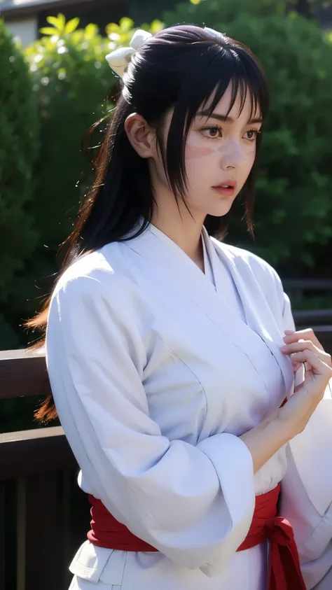 A hyper-realistic and ultra-detailed half-body portrait of Utahime Iori from Jujutsu Kaisen, elegant and composed, with long dark brown hair tied neatly, wearing her traditional jujutsu sorcerer uniform with layered kimono and haori, subtle makeup highligh...