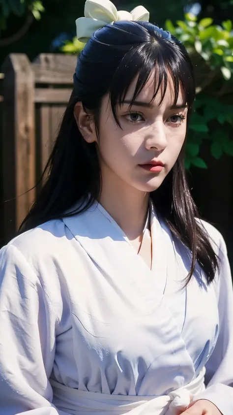 A hyper-realistic and ultra-detailed half-body portrait of Utahime Iori from Jujutsu Kaisen, elegant and composed, with long dark brown hair tied neatly, wearing her traditional jujutsu sorcerer uniform with layered kimono and haori, subtle makeup highligh...