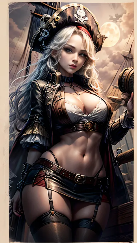 female pirate、、miniskirt、Micro Mini、beautiful thighs、garter belt、sexy pose、Pirate Ship、deck、cannon、on the night of the full moon