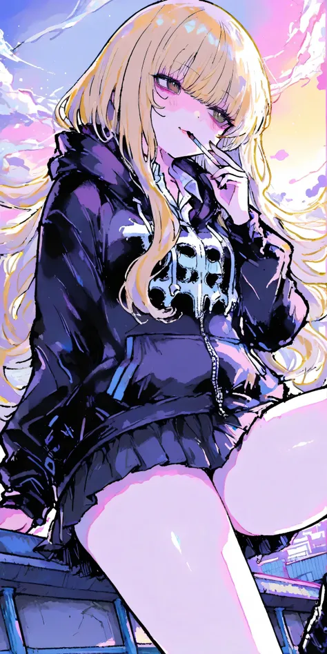 school rooftop,Yankee,student,student服,miniskirt,Delinquent girl,womanhood,1girl,,Villain facial expression,Yankee座り,Blonde,Cigarette in mouth,low angle,Action,dynamic,anime,masterpiece,Highest Quality,great quality,very beautiful,Newest,