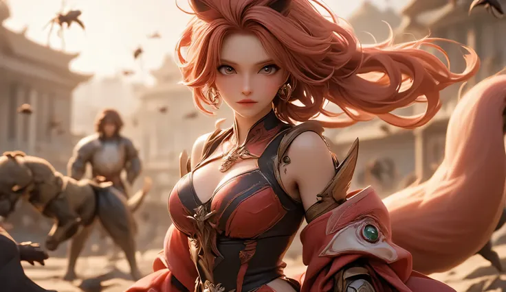 masterpiece, best quality, ultra-detailed, anime style, heroic male human and red panda, half human and half red panda, Foxian, standing bravely against a massive swarm of ants, epic battle scene, strong and determined expression, wind blowing through her ...