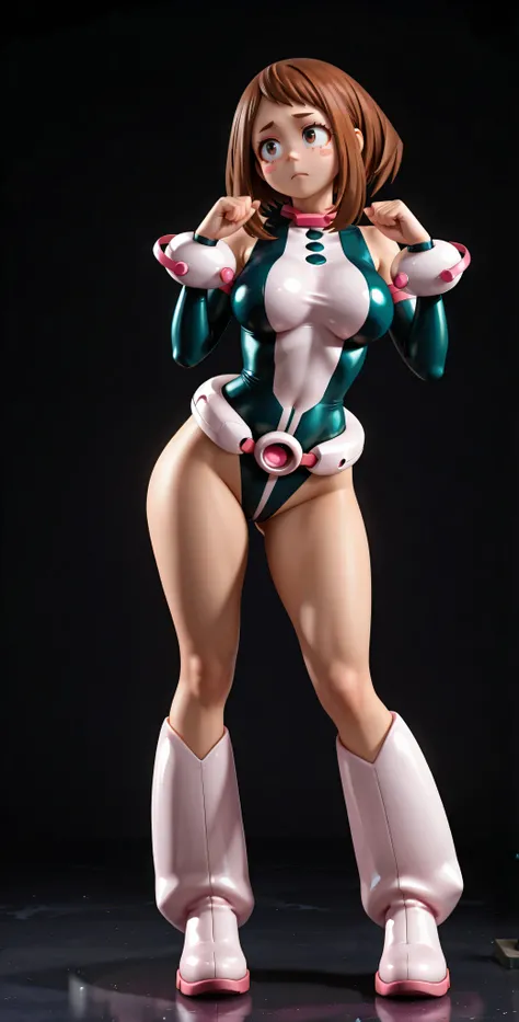 HD, 4k, clear. a girl, uraraka ochako, sexy pose, alone. bottomless (dark background), Superhero, heroine costume, Pink belt, pink bracelets , pink boots, full body, neutral expression (hyperdetailed face), urarak4, brown hair, short hair, brown eyes, beau...