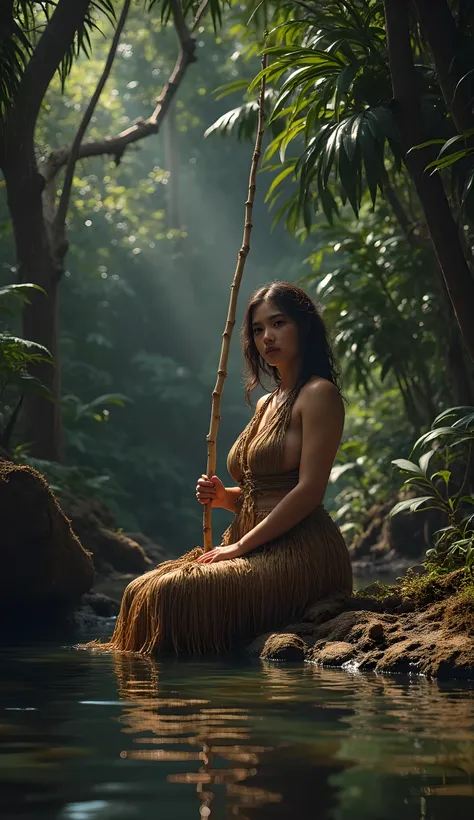 Stone age era, (prehistoric age era:1.6), ((Realistic cinematography best ultra-wide angle depth intense details of realistically beautiful tropical deep jungle landscape scenery|water shimmering pond on the foreground)),surreal,focusing on a female Fishe...