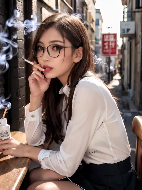 Neat Adult Woman、Honor Student's Appearance、(Yankee image:1.2)、(emphasizes smoking a cigarette:1.3)、Sitting in the back alley 、(blouse and uniform skirt)、(long black hair)、(Intellectual glasses)、(red lips)、(Smoke drifts:1.1)、(with a cold gaze)、(Night atmos...