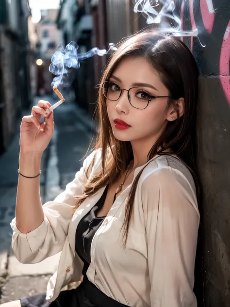 Neat Adult Woman、Honor Student's Appearance、(Yankee image:1.2)、(emphasizes smoking a cigarette:1.3)、Sitting in the back alley 、(blouse and uniform skirt)、(long black hair)、(Intellectual glasses)、(red lips)、(Smoke drifts:1.1)、(with a cold gaze)、(Night atmos...