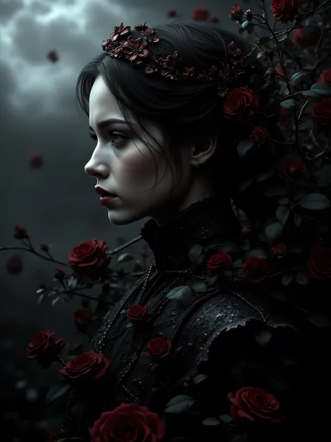 THE assassin black rose, background of blooming roses, portrait, high quality, cinematic lighting, dramatic lighting, hyper detailed, chiaroscuro, photorealistic, oil painting, masterpiece, sharp focus, ultra detailed, 8K, vivid colors, moody, dark, dramat...