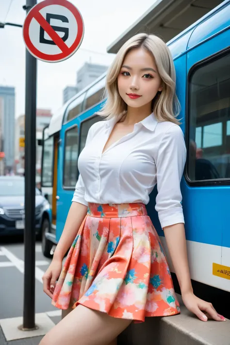 score_9, score_8_up, score_7_up.
Street corner stories.
She is wearing a knee-length skirt over tights.
Colorful and elaborate skirt made with many different colors.
She is about to board the bus.
She is looking at the bus.
Side view. Wide angle, long dist...