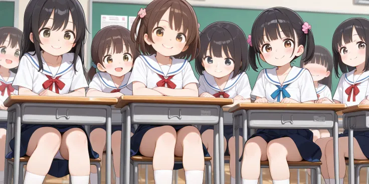 (masterpiece, High Quality), (Multiple Women), Embarrassing look with elementary school girls, during school class, is sitting in the classroom,they only wear panties, Everyone can see faces,smile,CLASSROOM,