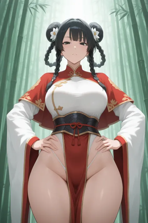 Oolong Armor,1girl,black hair,solo,looking at viewer,black eyes,hair rings,twin braids,double bun,white hair flower,red capelet,white leotard,red wide sleeves,red pelvic curtain,gold trim,bamboo forest,hands on own hips, masterpiece,best quality,amazing qu...