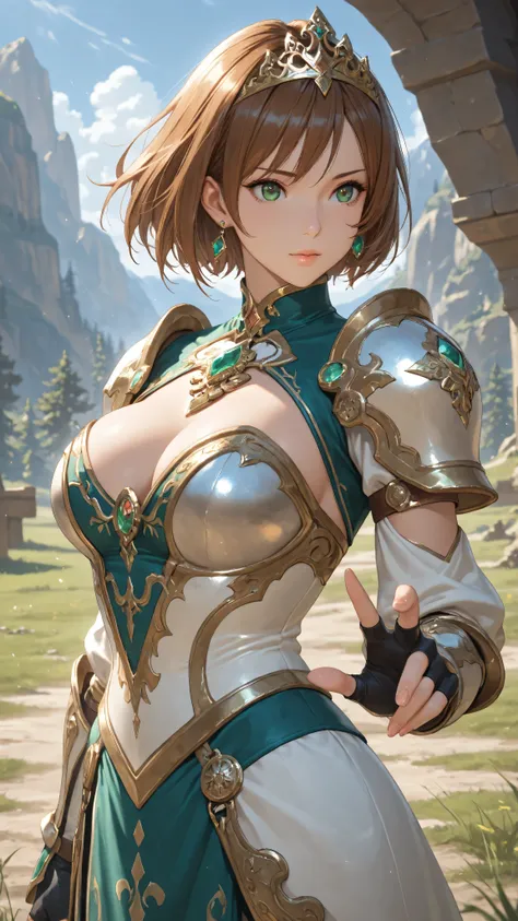 masterpiece, Highest Quality,  solo, 1girl, short hair, brown hair, green eyes, Tiara, gem, earring, Armor, chest opened, fingerless gloves, Mother's husband, Outdoors