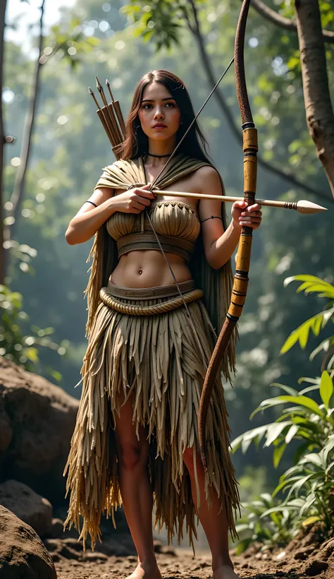 Stone age era, (prehistoric age era:1.6), ((Realistic cinematography best cinematic angle depth intense details of realistically beautiful tropical deep jungle landscape scenery)),surreal,focusing on a female archer while holding a realistic intricately lo...